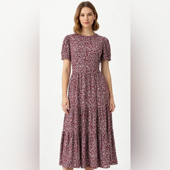 J. Crew Dresses & Skirts - J. Crew Burgundy Floral Tiered Midi Dress Puff Sleeves Pockets Size Small